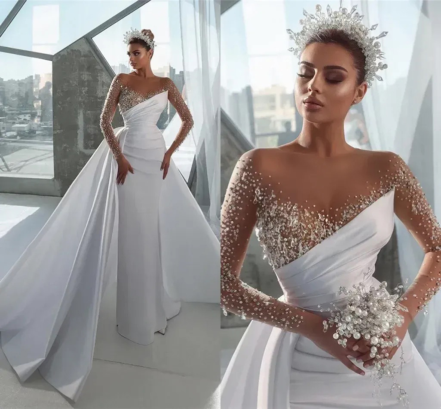 Luxurious Sexy Beads Mermaid Wedding Dresses Sheer Long Sleeve Crystals Jewel Neck Arabic Dubai Bridal Gowns With Detachable Skirt