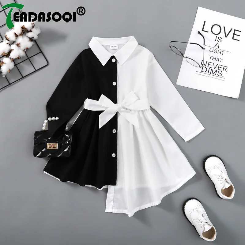 1-6Y Summer Kids Girl Lapel Shirt Dress Splicing Colors Long-sleeve Single-breasted Irregular Dresses With Belt Children Clothes Z250214