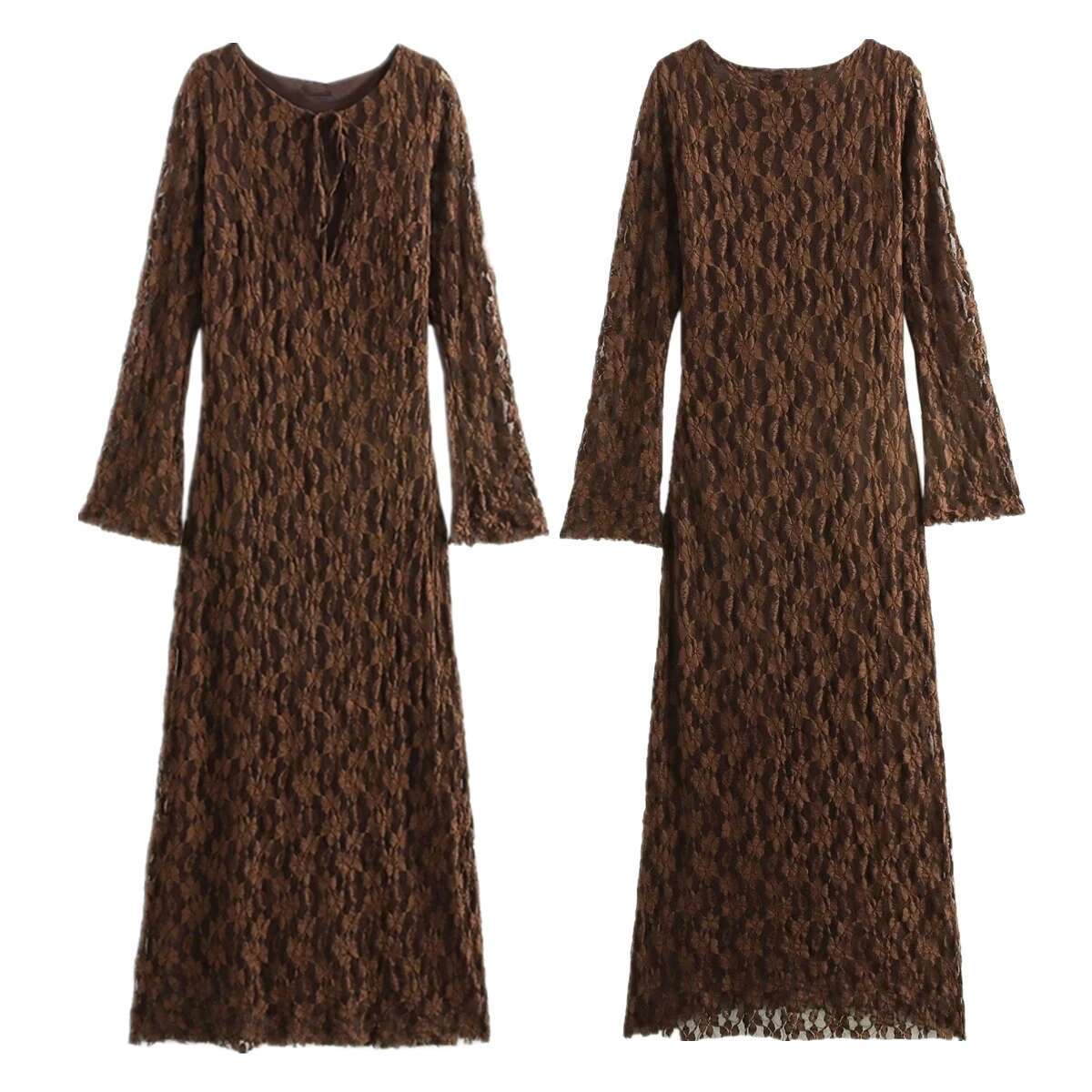 Maxdutti Minimalist V-Neck Party Retro Brown Lace Women Fashion Ladies Elegant Slim Fit Casual Dress