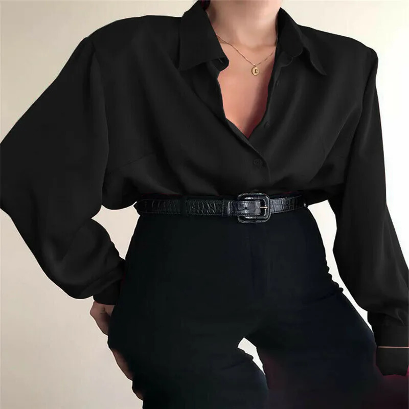 Women Button Blouses Turn Down Collar Shirts Office Lady Long Sleeve Casual Blouse Loose OL Shirt Baggy Tops RedWine Red Black 250213