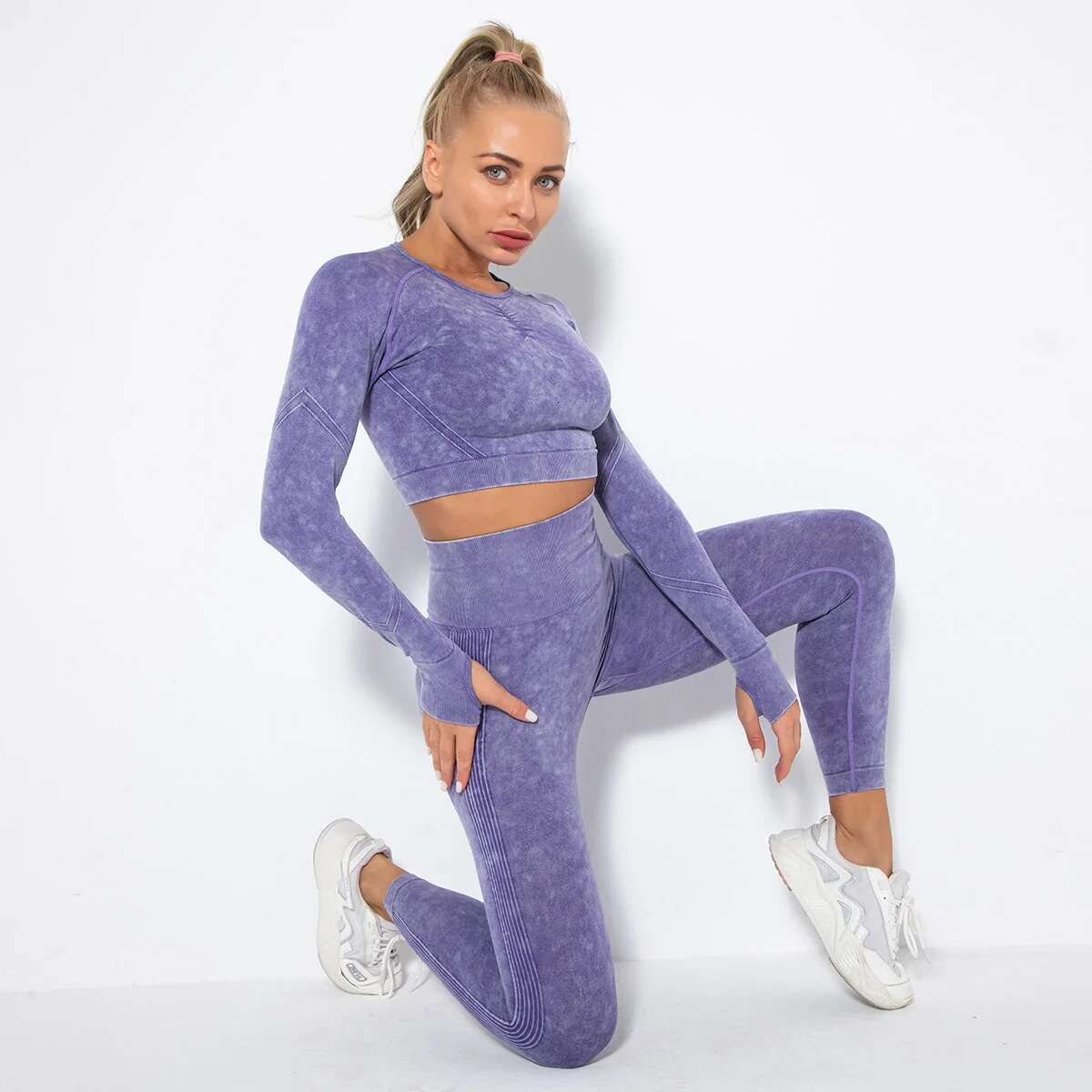 Washed-Die Woman Seamless Yoga 2Pcs Set Clothes Stretch Sleeved Shirt Sports Outfits High Waist Buttock Lift Leggings Suit