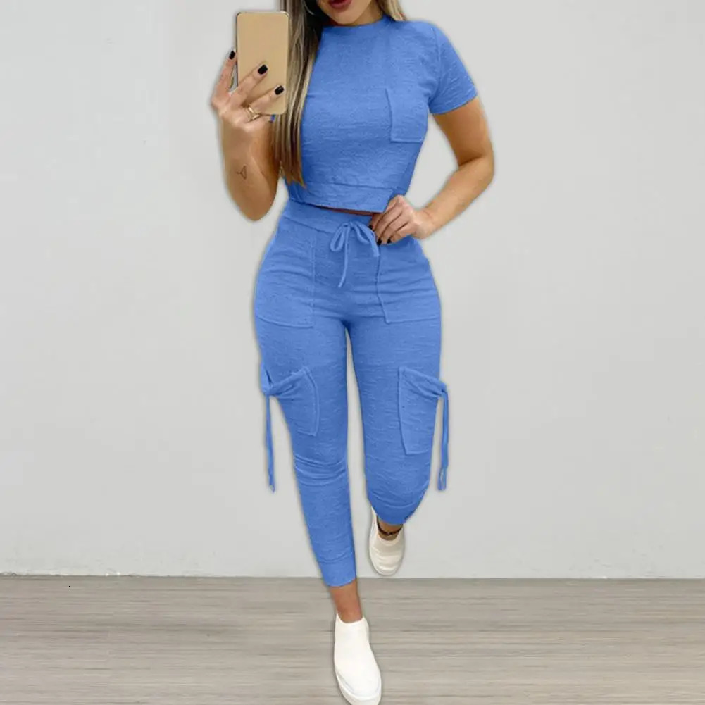 Women Sportswear Pocket Drawstring Matching Set Multicolor Slim Short Top Pencil Pants Ladies Outfit Summer Loungewear Suits 250210