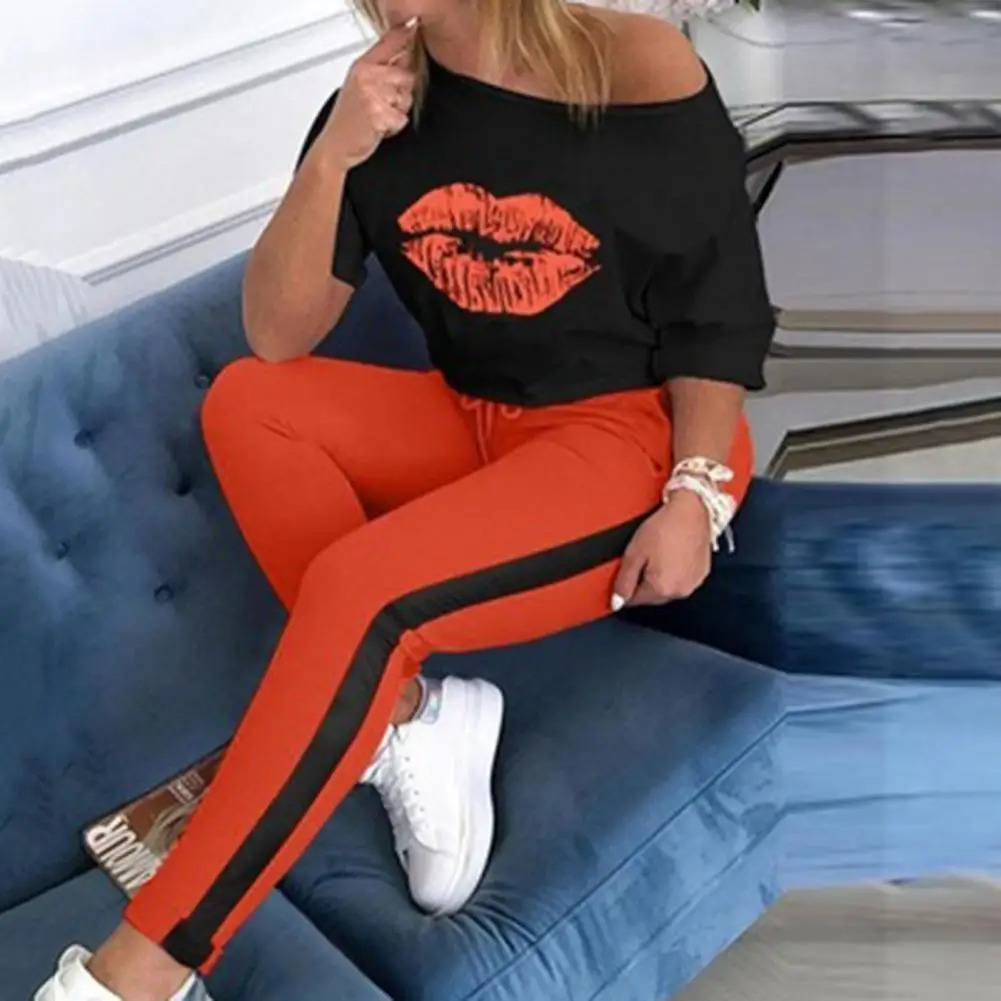 2 Pcs/Set Chic Sport Tracksuit Casual Women Top Pants Set Contrast Color Sports Soft T-shirt Pants Set 250210