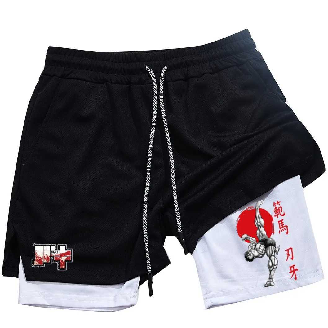 Mens and womens gym shorts quick drying mesh shorts animated printed Baki Hanma sleeves 2-in-1XJ250213