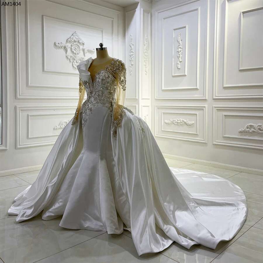 Custom Full V-Neckline Beading Detachable 2 in 1 Satin Mermaid Bridal Dress