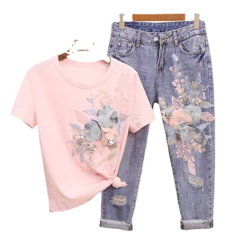 Cowboy suit women's summer 2024 new embroidered sequin three-dimensional flower short sleeved t-shirt+ripped cropped jeans