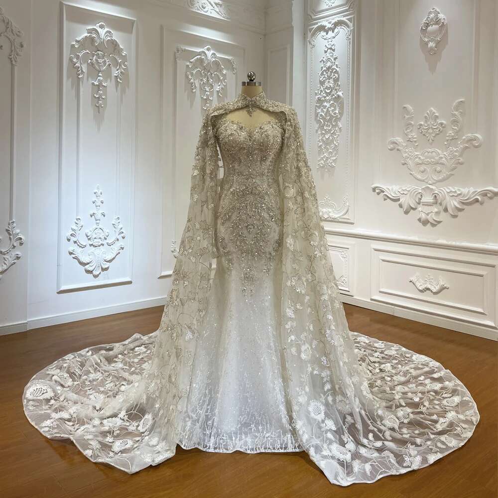 Custom Stylish Long Sleeves High Neck with Detachable Cover Mermaid Bridal Dress