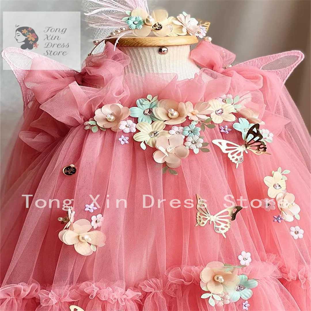 New Arrival Flower Girls For Weddings Pink Handmade Flowers Tiered Floor Length Kids Prom Dresses Wedding Par Dress Vestidos Z250214
