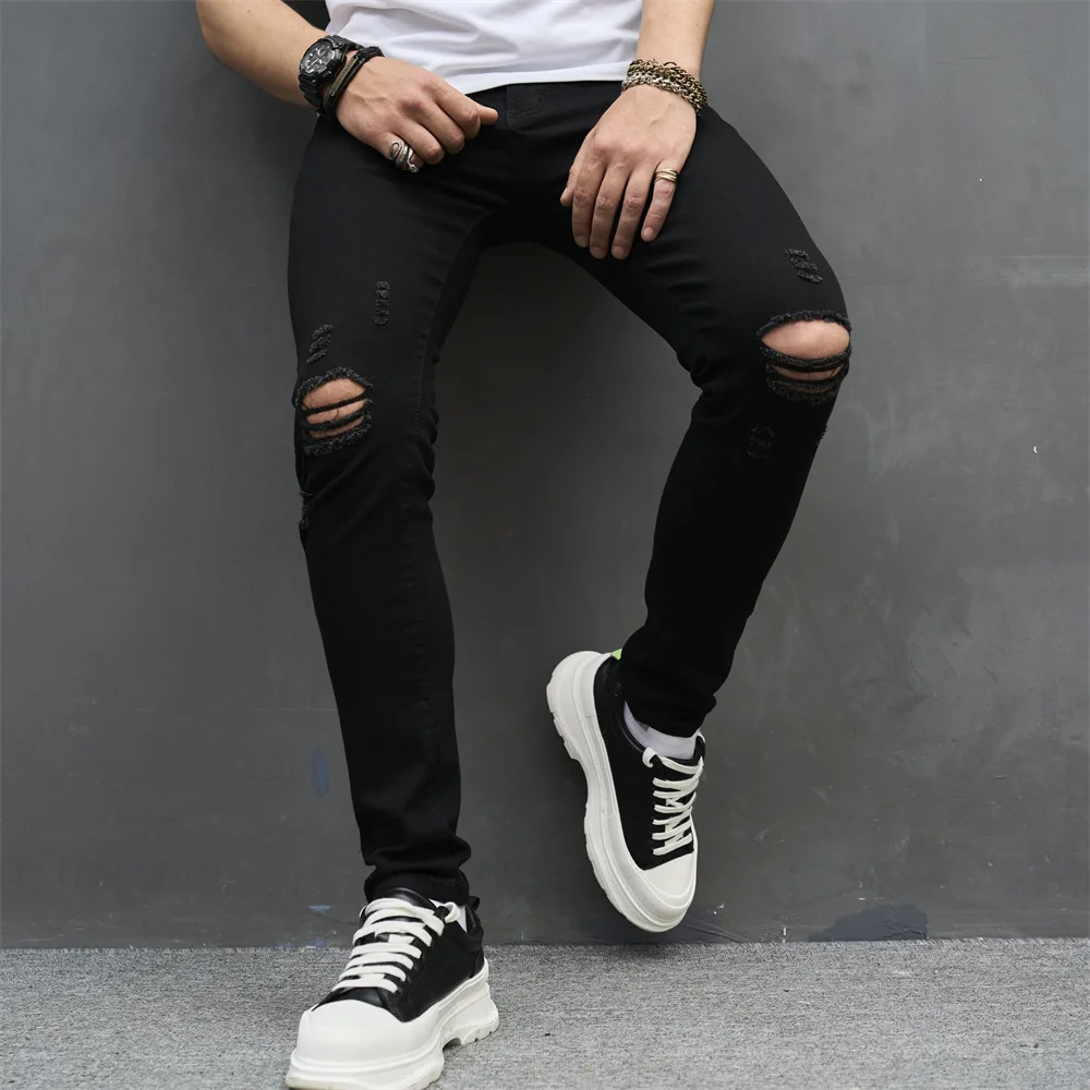 Men Simple Solid Holes High Street Stretch Skinny Jeans Pants Male Distressed Slim Pencil Jogging Denim Trousers 250210