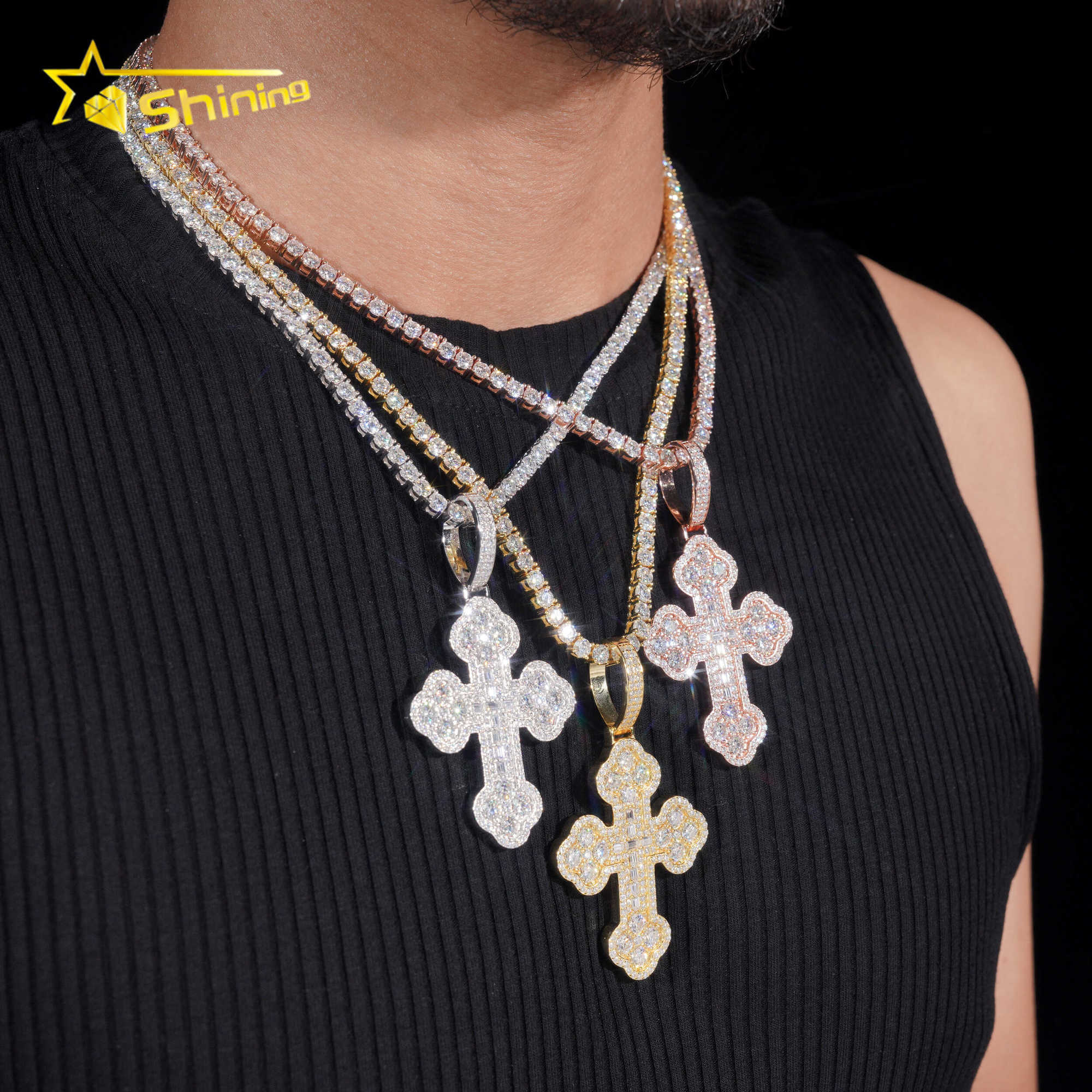 Custom tennis chain sterling sier vvs moissanite hip hop iced out jewelry fashion cross pendant
