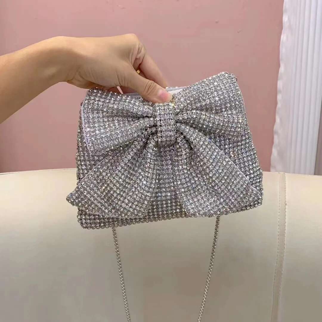 Glitter Bow Knot Women's Handbag Crystal Shiny Rhies Dia Evening Wedding Party Clutch Purse Shoulder Bag