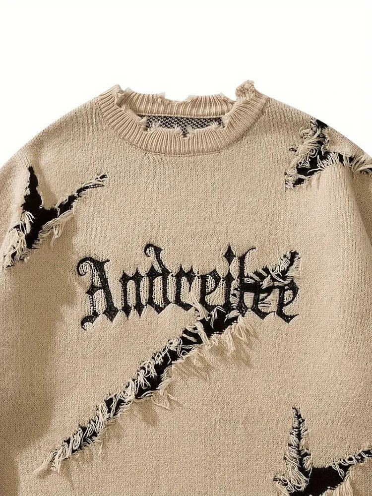 Y2K Style Mens Sweaters Spring Trendy Letter Jacquard Ripped Knit Sweater For Men Streetwear Fashion Crew Neck Knit Jumper Tops 250211