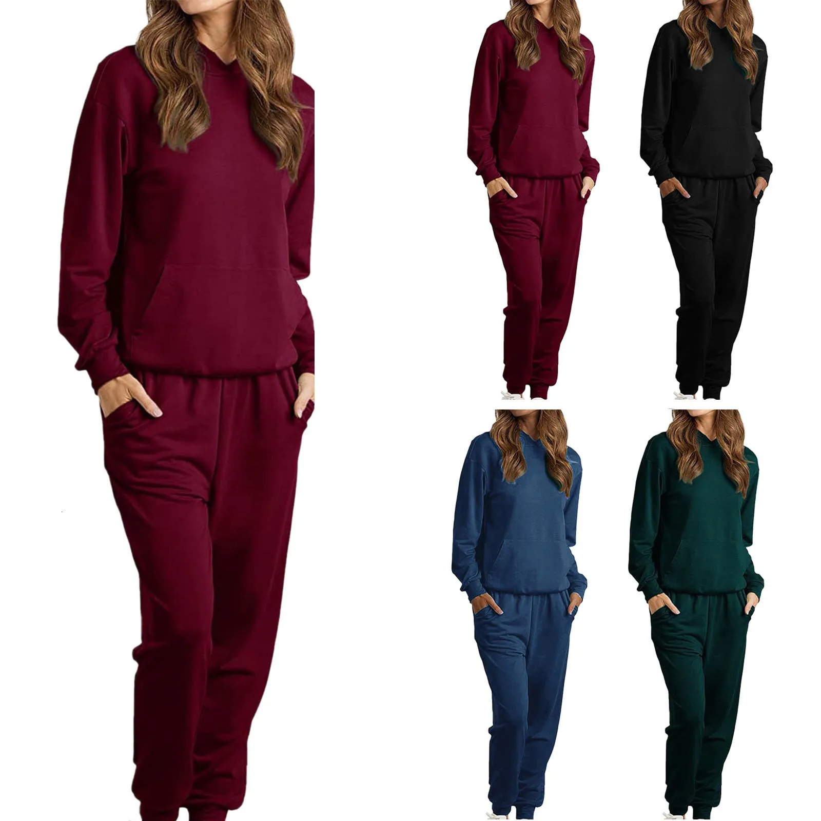 Womens Tracksuit Casual Long Sleeve Solid Hooded Sport Suit Autumn Warm Hoodie Womens Suits Baggy Cropped Pants 250210