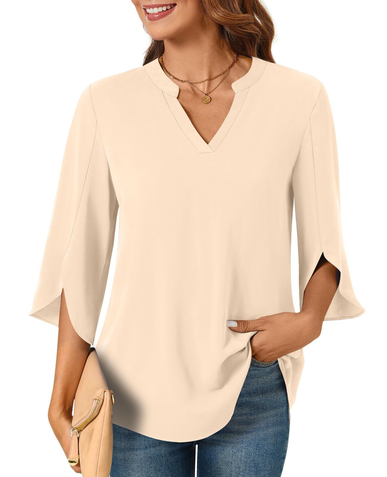 2025 New Women's Chiffon Shirt 3/4 Sleeve Summer Casual Loose V-neck T-shirt
