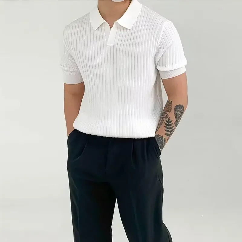 Fashion Knit Solid Color Mens Polo Shirt Slim Short Sleeve Turn-down Collar Ribbed Polo Tee Summer Men Clothes Casual Tops 250208