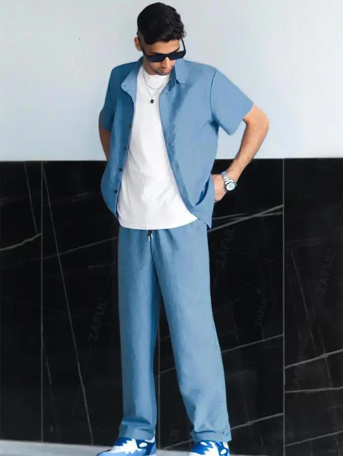 Mens Two Pieces Set Solid Turndown Collar Button Short Sleeves Shirt with Miswaist Drawstring Casual Pants Z5099153 250108