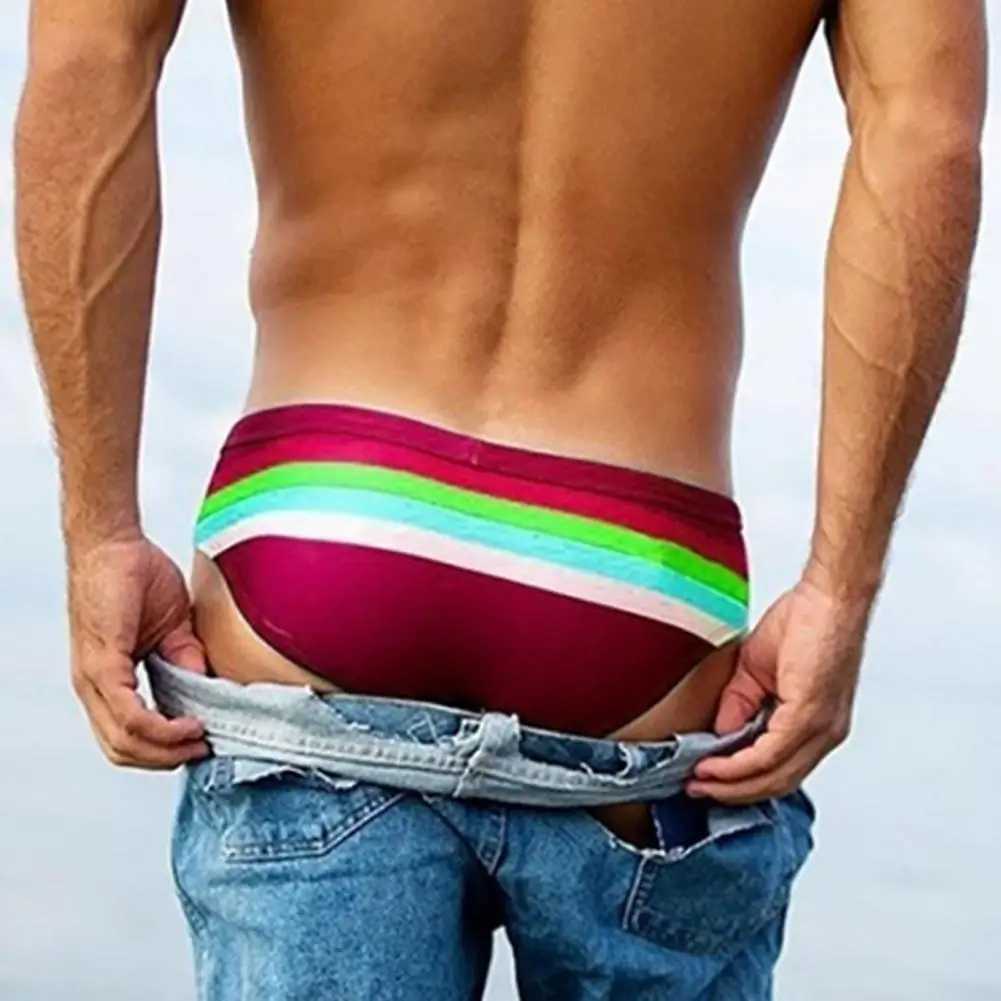 Slim Fit Quick Drying High Elasticity Swimming Trunks Low Rise Striped Print Men Swimming Briefs for Vacation Men Beach Shorts W250214