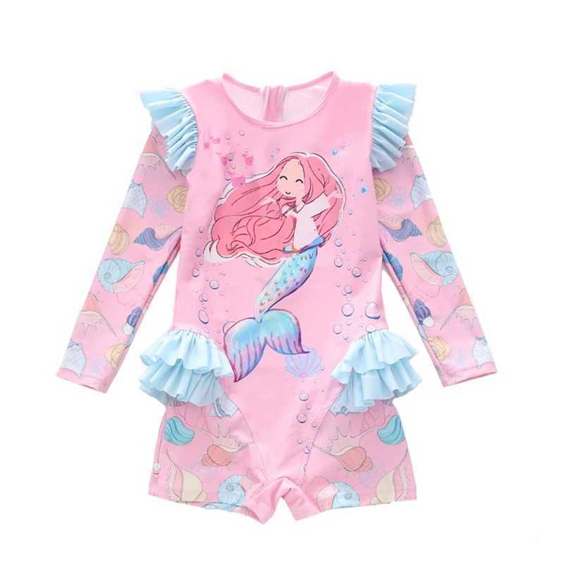 2-9 Years Children Girls Swimsuit Mermaid Printed Sun Protection Long Sleeve Swimwear Princess Girls Beachwear Holiday Z250214