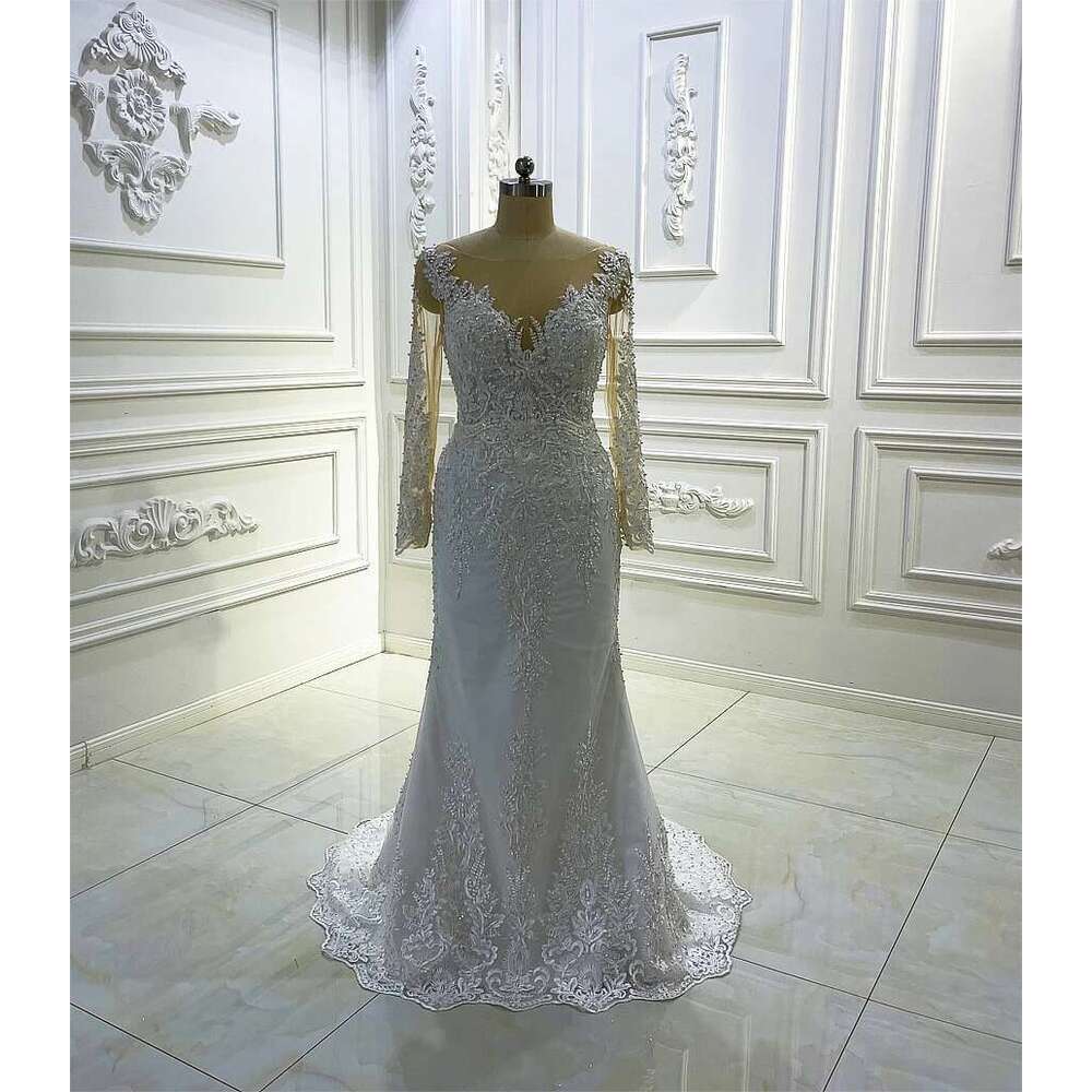 Custom made full sleeve lace appliqued glitter empire wedding dress