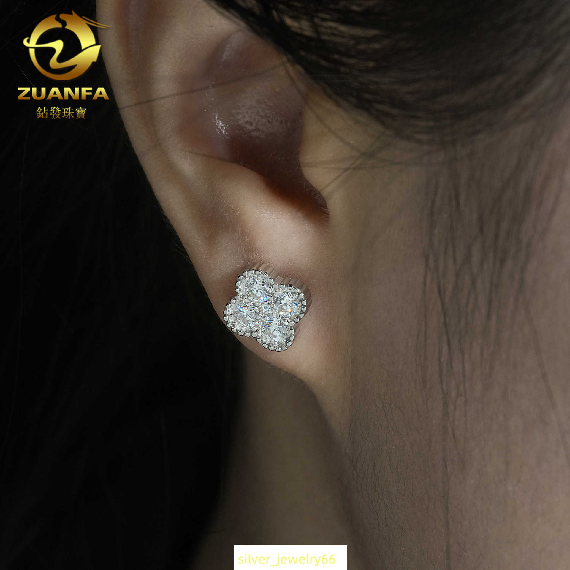 Diamond hair high-end earrings hot selling hip-hop S925 silver moissanite clover earrings suitable for men and women GRA