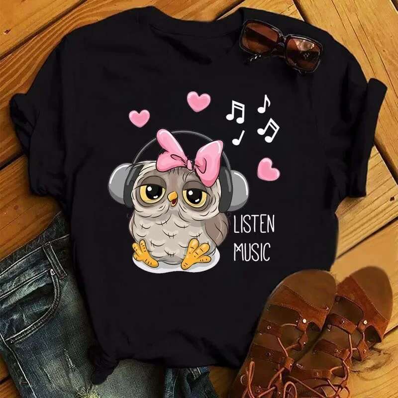 Plus Size Maycaur Cartoon Owl Print T Shirt Women Kawaii Graphic Shirts Casual Short Sleeved Female Tee O-Neck Haruku T-Shirts