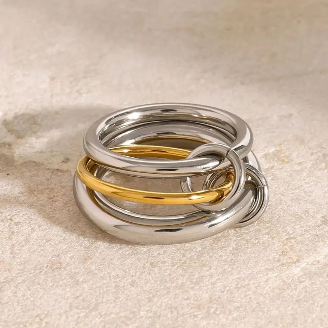 High End PVD Wholesale No Fade Personality Twotone Three Circle Cross Stainless Steel Finger Ring for Women 250213