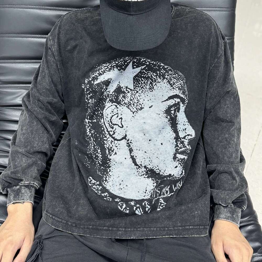 Women Character Digital Print Long Sleeve Tshirts For Men Vintage Crew Neck Cotton Casual Loose Top Tees Oversized Fall T Shirt