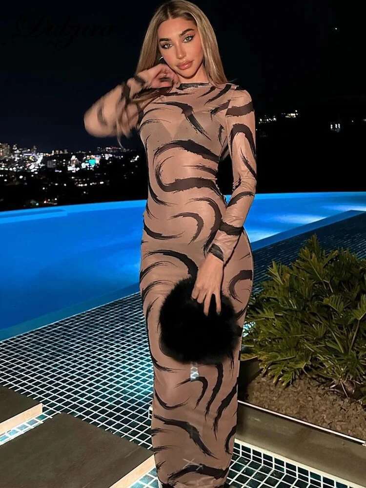 Dulzura Printing Midi Dress Long Sleeve Mesh See Through Women Dresses Sexy Y2k Clothes Party Club Streetwear Holiday Outfits