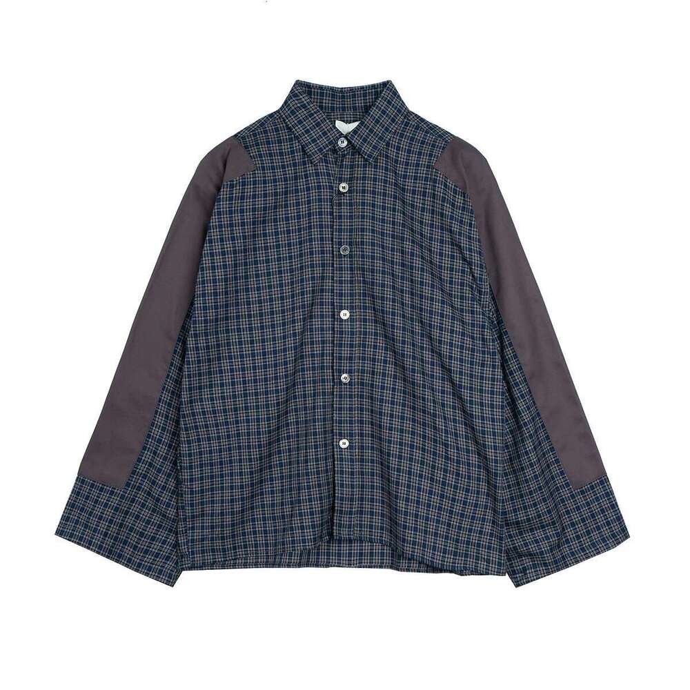 Haruku Patch Contrast Color Checkered Shirts For Men And Women Turn-Down Collar Oversized Casual Long Sleeve Fall Plaid Shirt
