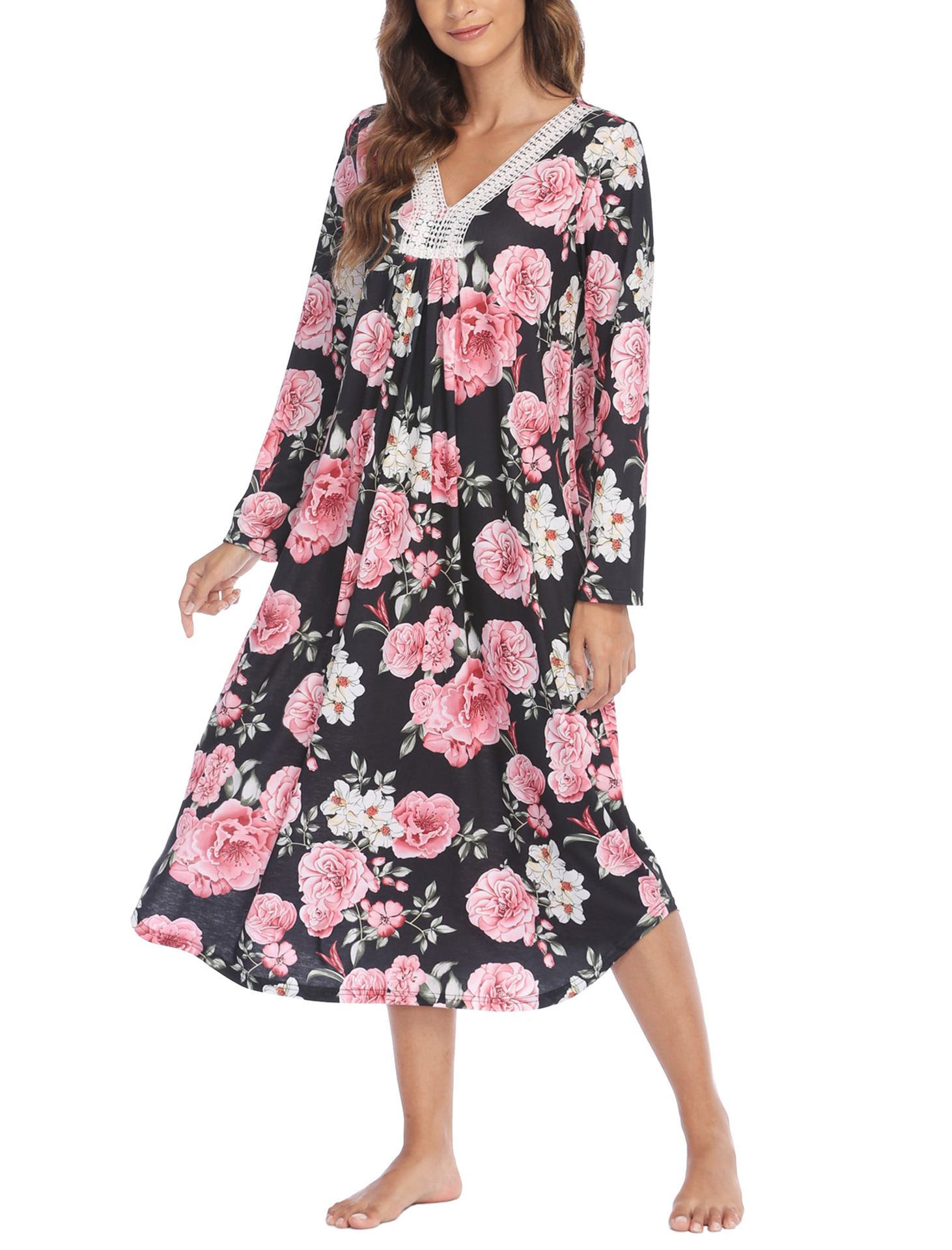 X147-Winter beauty ladies nightdress imitation cotton printed lace splicing V-neck long-sleeved long dress home clothes pajamas women
