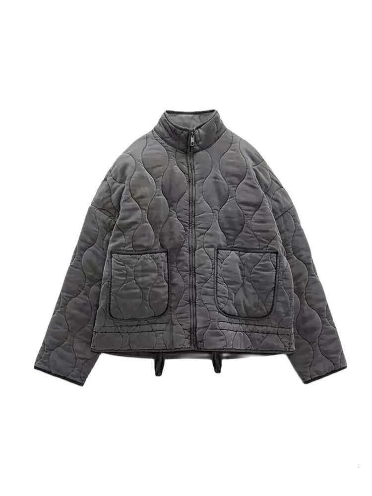 TRAFZA Women's Dia Print Round Neck Loose Long Sleeve Cotton Vintage Fashion Pocket Warm Zip Jacket