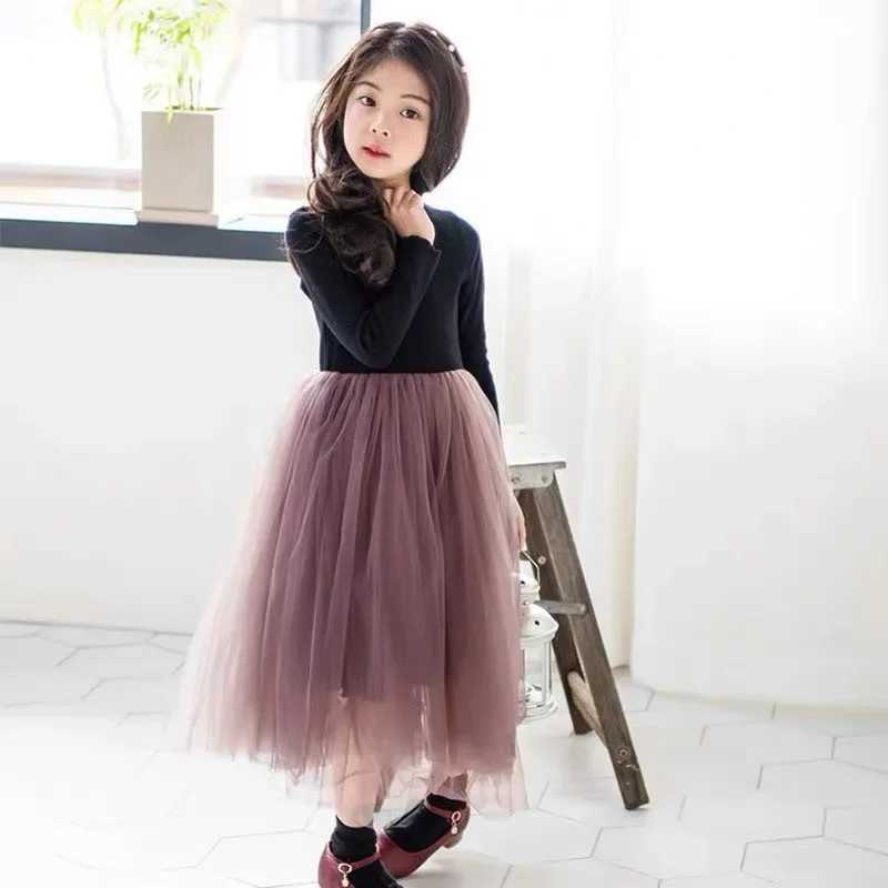Autumn and Winter Long Sleeved Girls Dress Childrens Fluffy Gauze Skirt Mid To Large Kids Clothing Performance Princess Dress Z250214