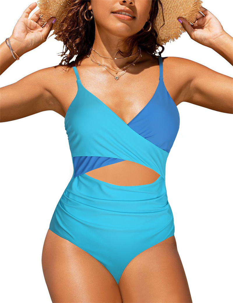 Women's Colorblock One Piece Swimsuits Cut Out Tummy Control Front Cross Bathing Suits Tie Back Slimming V Neck Swimwear