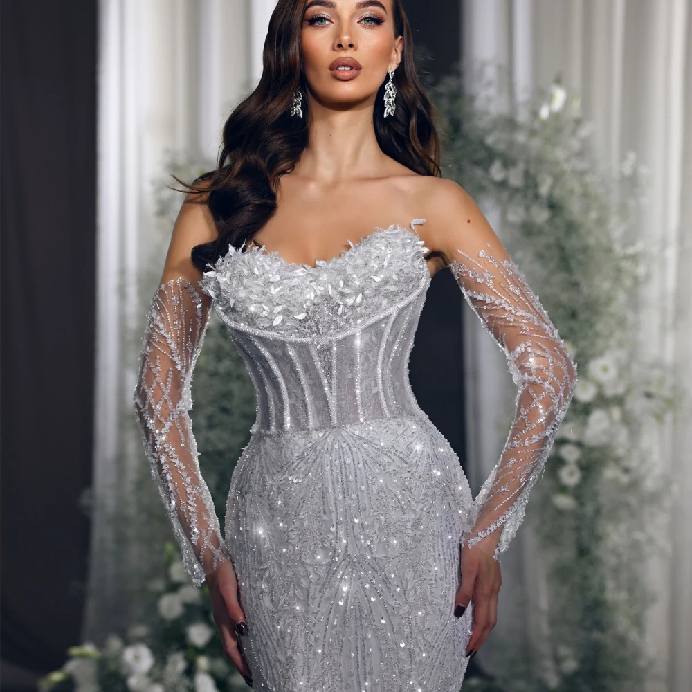 Designer Mermaid Wedding Dress Strapless Removable Sleeves Bridal Gowns Sequins Appliques Sweep Train Dresses Custom Made vestidos de novia