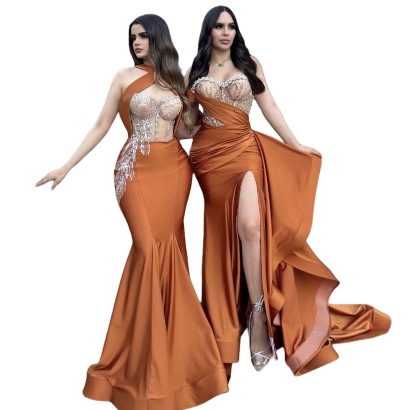 Long Mermaid Bridesmaid Dress Sleeveless Beaded Appliques Modern Side Split Wedding Party Formal Dress Satin Prom Gown For Women 2025