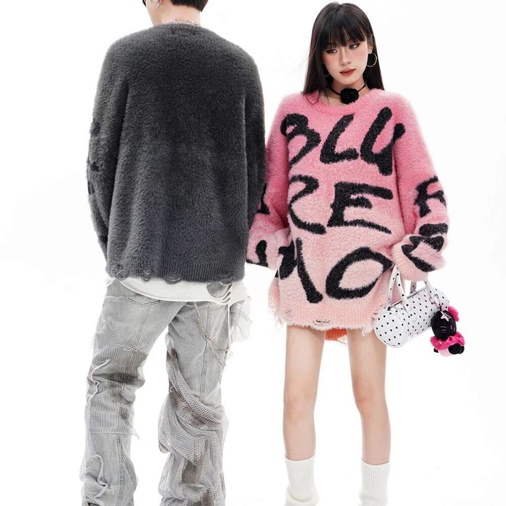 Gradient Color Letter Print Long Sleeve Sweaters For Men And Women Crew Neck Streetwear Casual Knitted Clothes Oversize Pullover