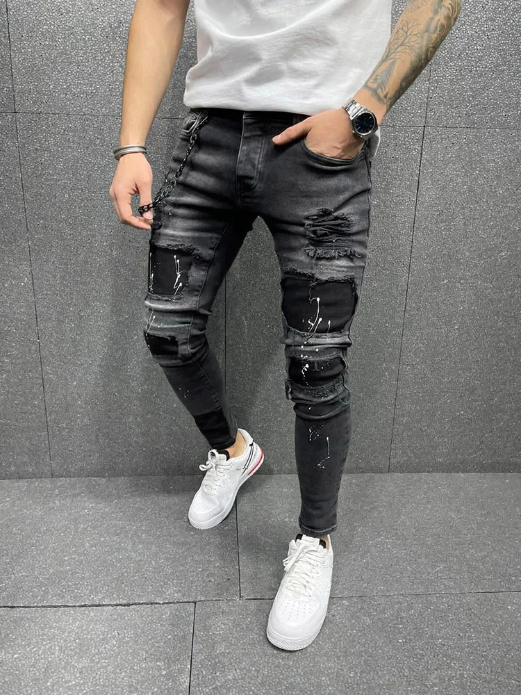 Black 90% Cotton Men Retro Wash Distressed Stretch Ripped Jeans Tight Hole PATCH Denim Pantalones Printing Zipper Joggers 250210
