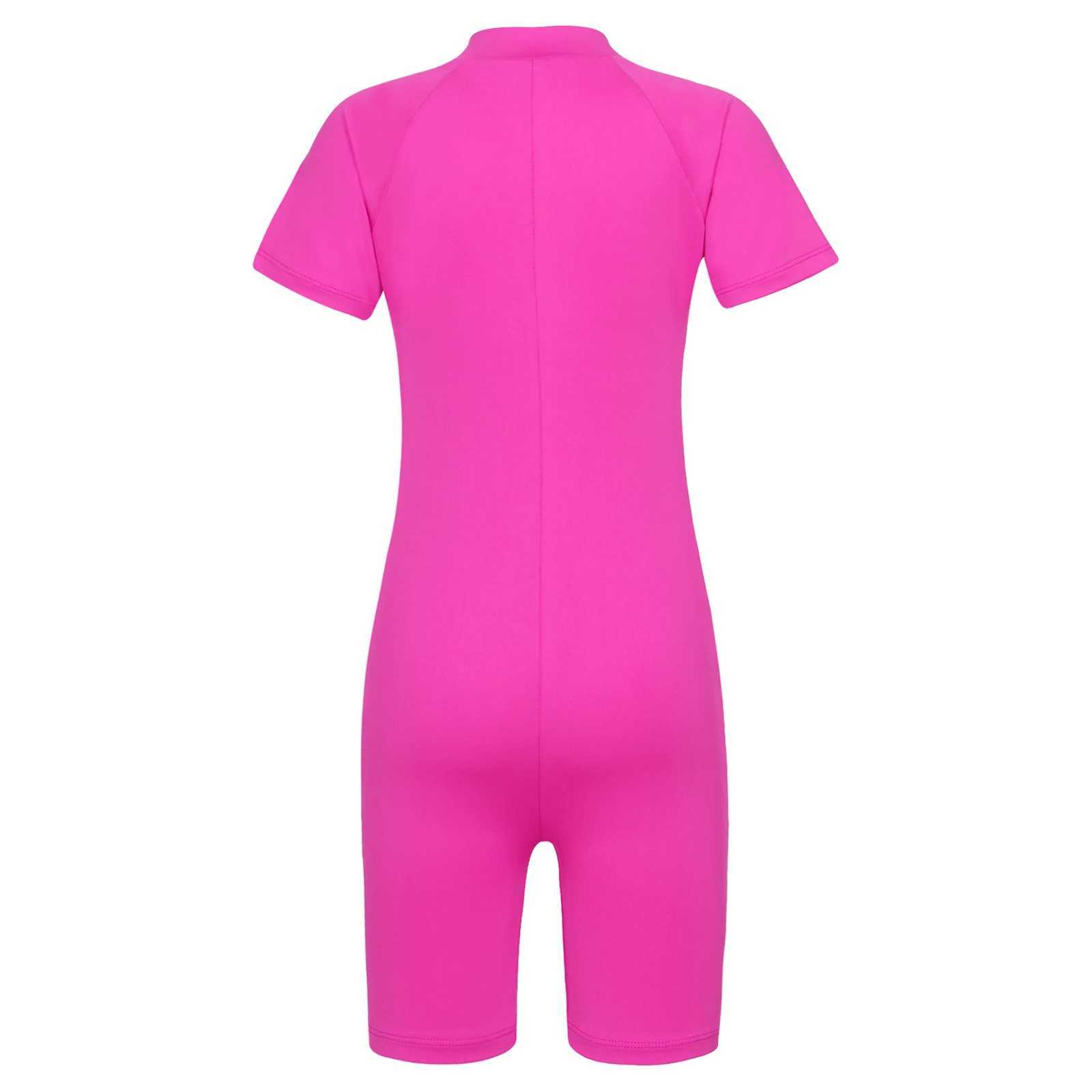 Kids Girls Boys Rash Guard One-piece Swimsuit Short Sleeves Zippered Shor Wetsuit Swimwear Pool Beach Surfing Bathing Suit Z250214