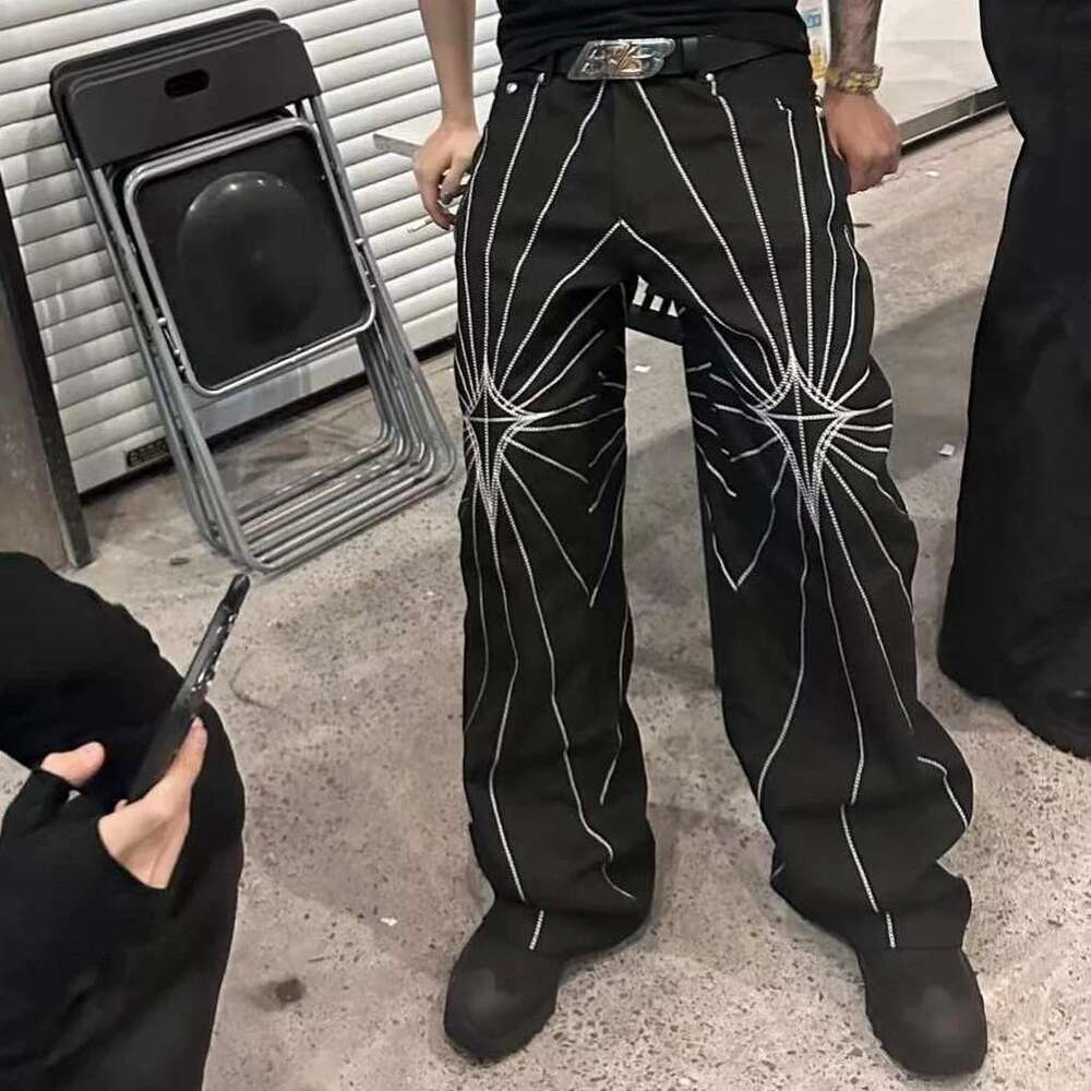 Streetwear Spider Web Embrodiery Black Jeans For Men And Women Ropa Hombre Baggy Denim Trousers Loose Cargo Pants