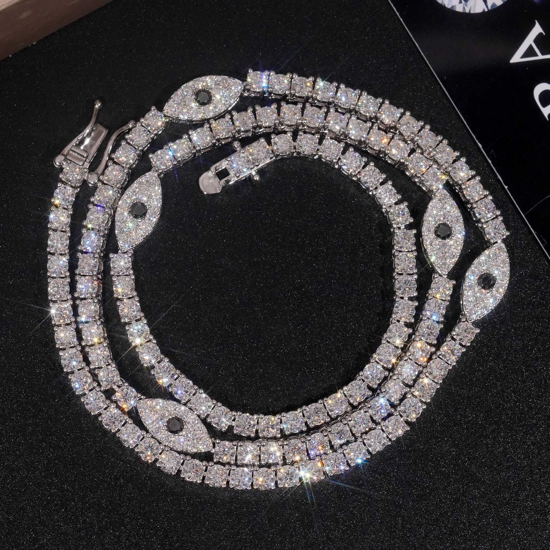 Ins hot selling 3mm 925 silver inlaid moissani hip-hop personality eye mens and womens tennis chain HipHop accessory