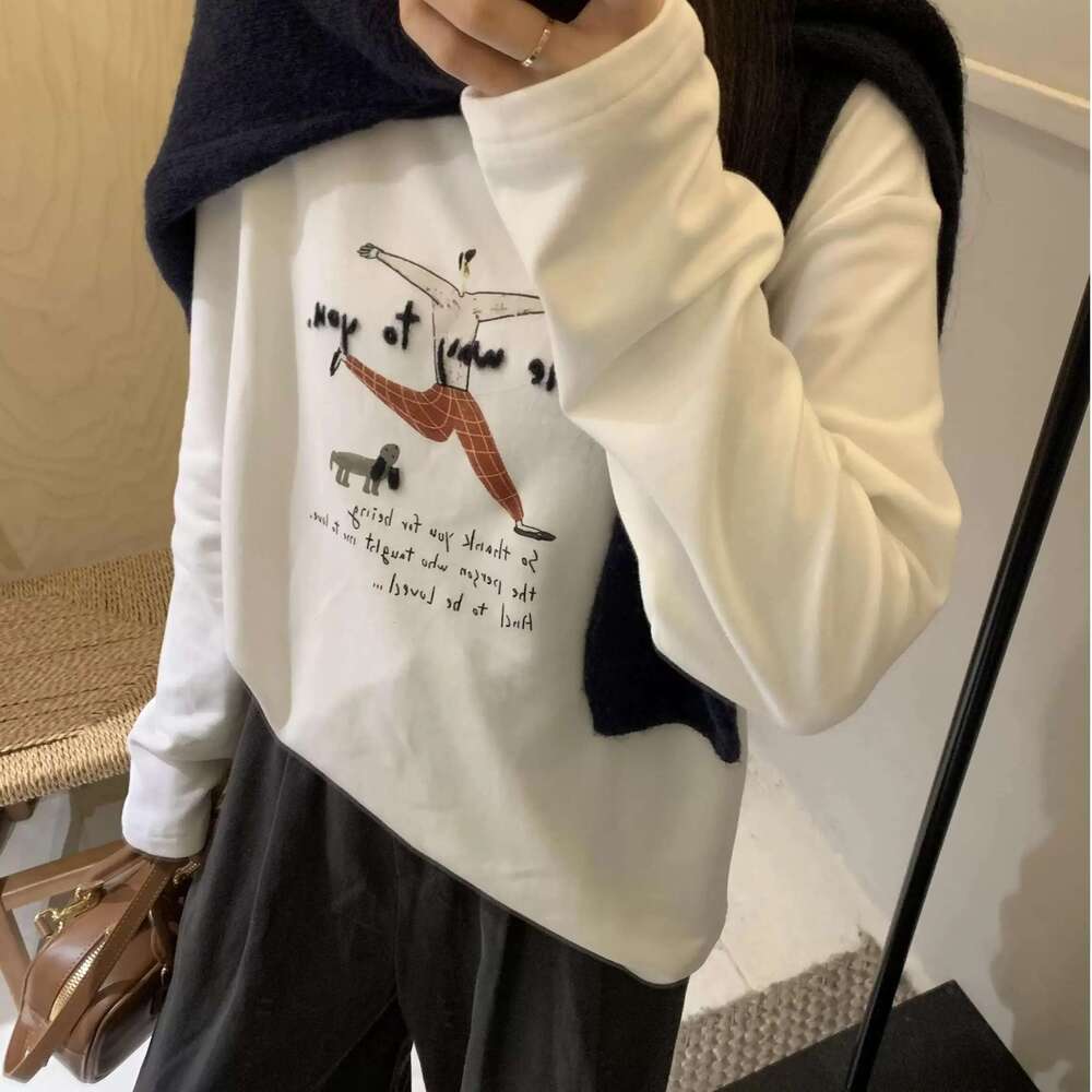 Cartoon Character Letter Embroidery Long Sleeved T-Shirt For Women In Autumn Winter, Brushed Warm Loose Tee