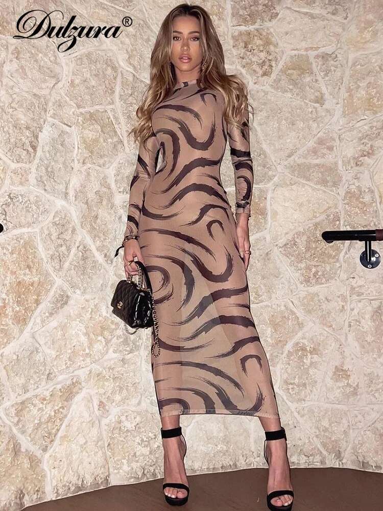 Dulzura Printing Midi Dress Long Sleeve Mesh See Through Women Dresses Sexy Y2k Clothes Party Club Streetwear Holiday Outfits