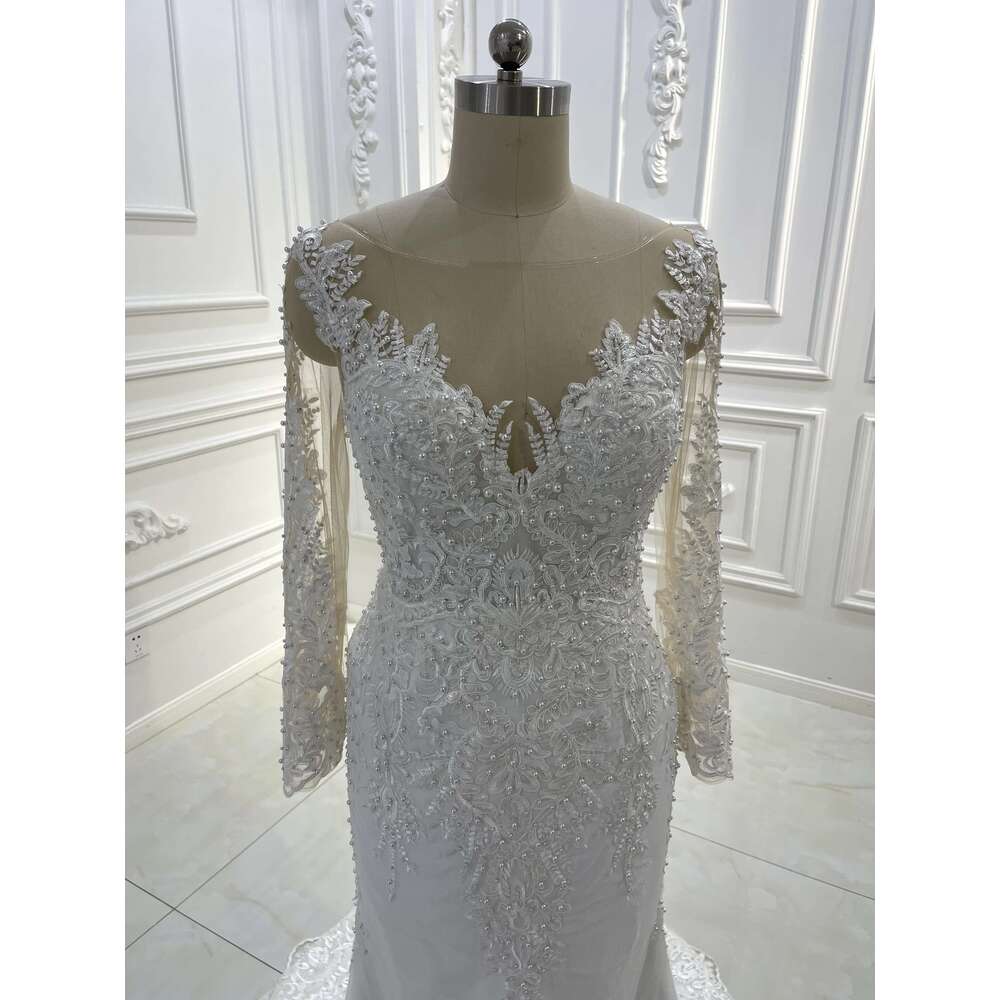 Custom made full sleeve lace appliqued glitter empire wedding dress