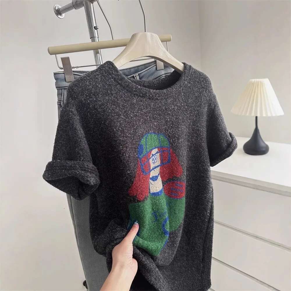 Cartoon Printed Double-Sided Brushed Short Sleeved For Women Spring, Thickened, Loose Tops