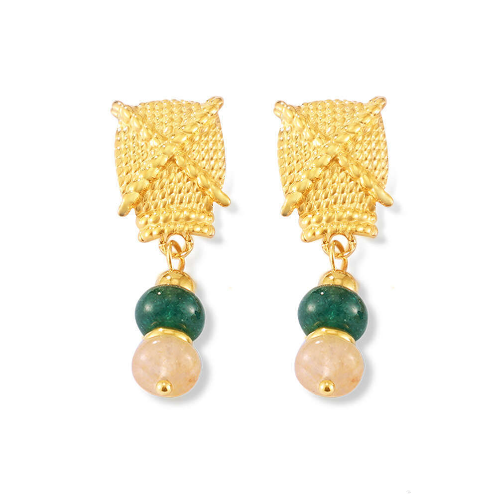 Bohemian polka dot texture titanium steel gold-plated ethnic style natural stone tassel earrings