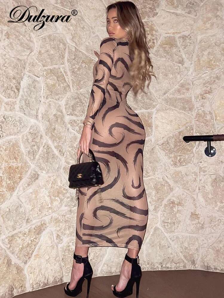 Dulzura Printing Midi Dress Long Sleeve Mesh See Through Women Dresses Sexy Y2k Clothes Party Club Streetwear Holiday Outfits