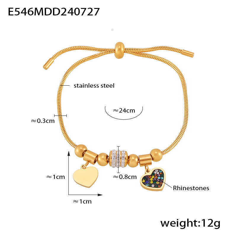 Ins style geometric dia inlaid heart-shaped bracelet, versatile and adjustable design, stainless steel gold-plated jewelry