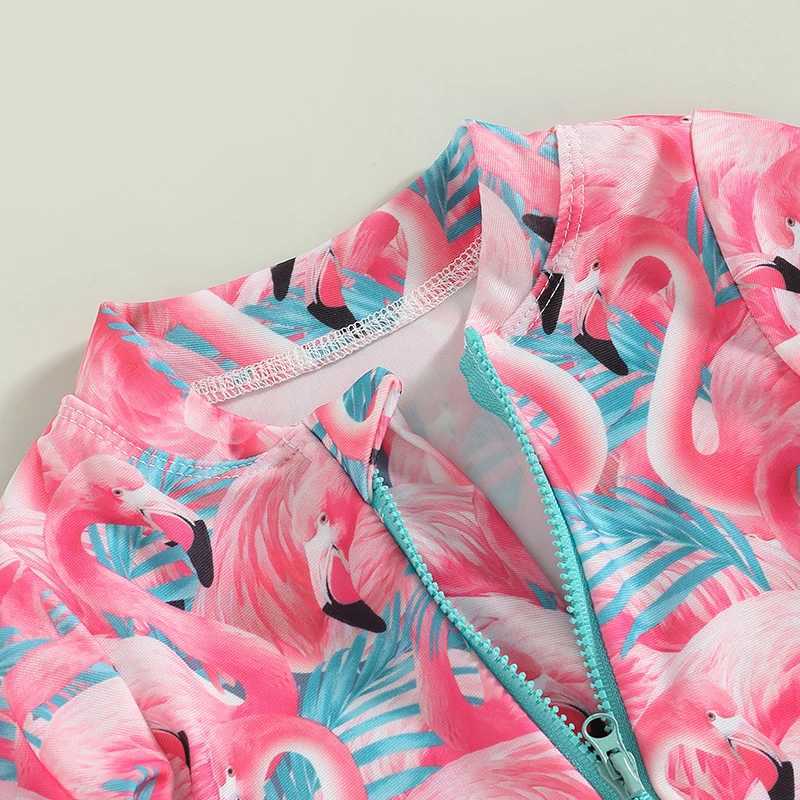 Yiiciovy Baby Kids Girls Rash Guard Swimsuit Flamingo/Flower Print Zipper Long Sleeve Sun Protection Bathing Suit + Headwear Z250214