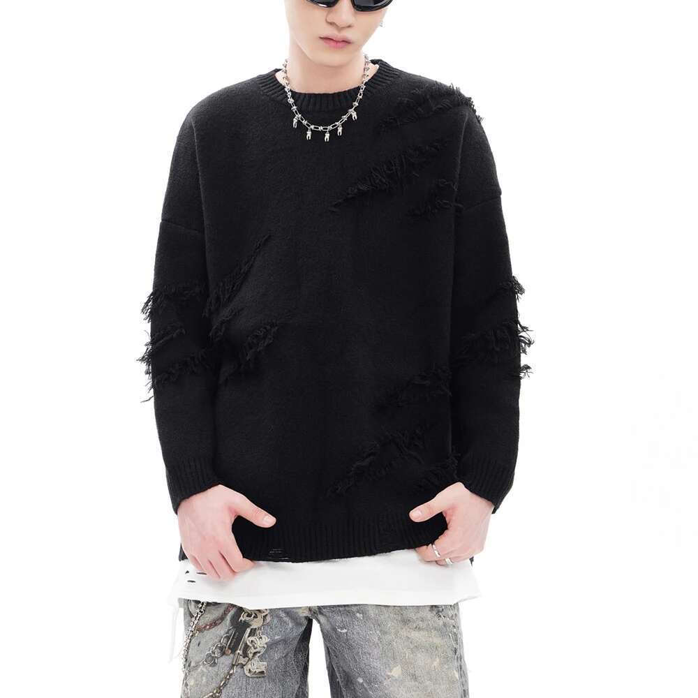 New Ripped Solid Casual Knitted For Men And Women Crew Neck Streetwear Pullover Wool Clothes Oversized Loose Sweater