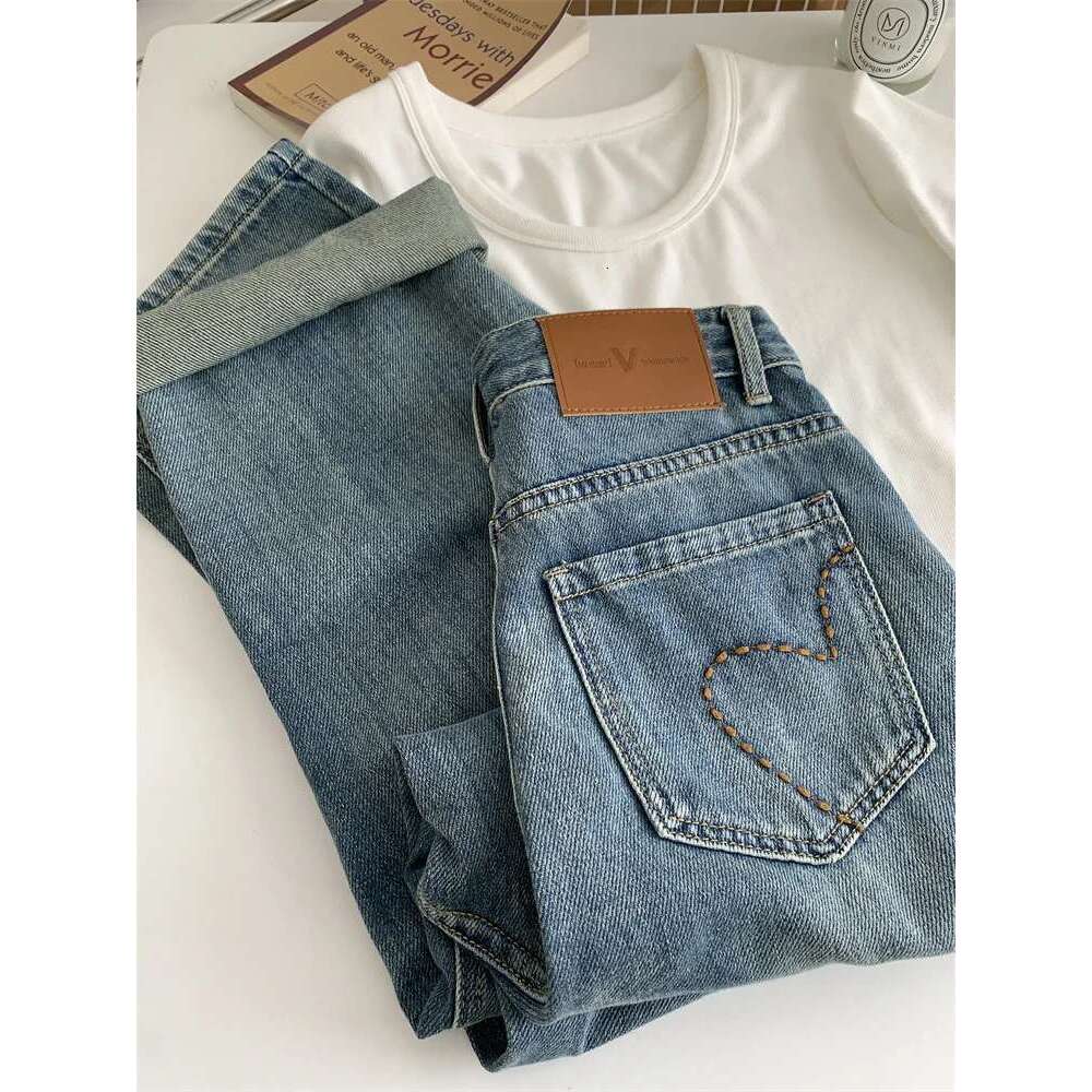 High Waist Straight Jeans For Women Spring Relaxed Slim Embroidered Wide Leg Pants